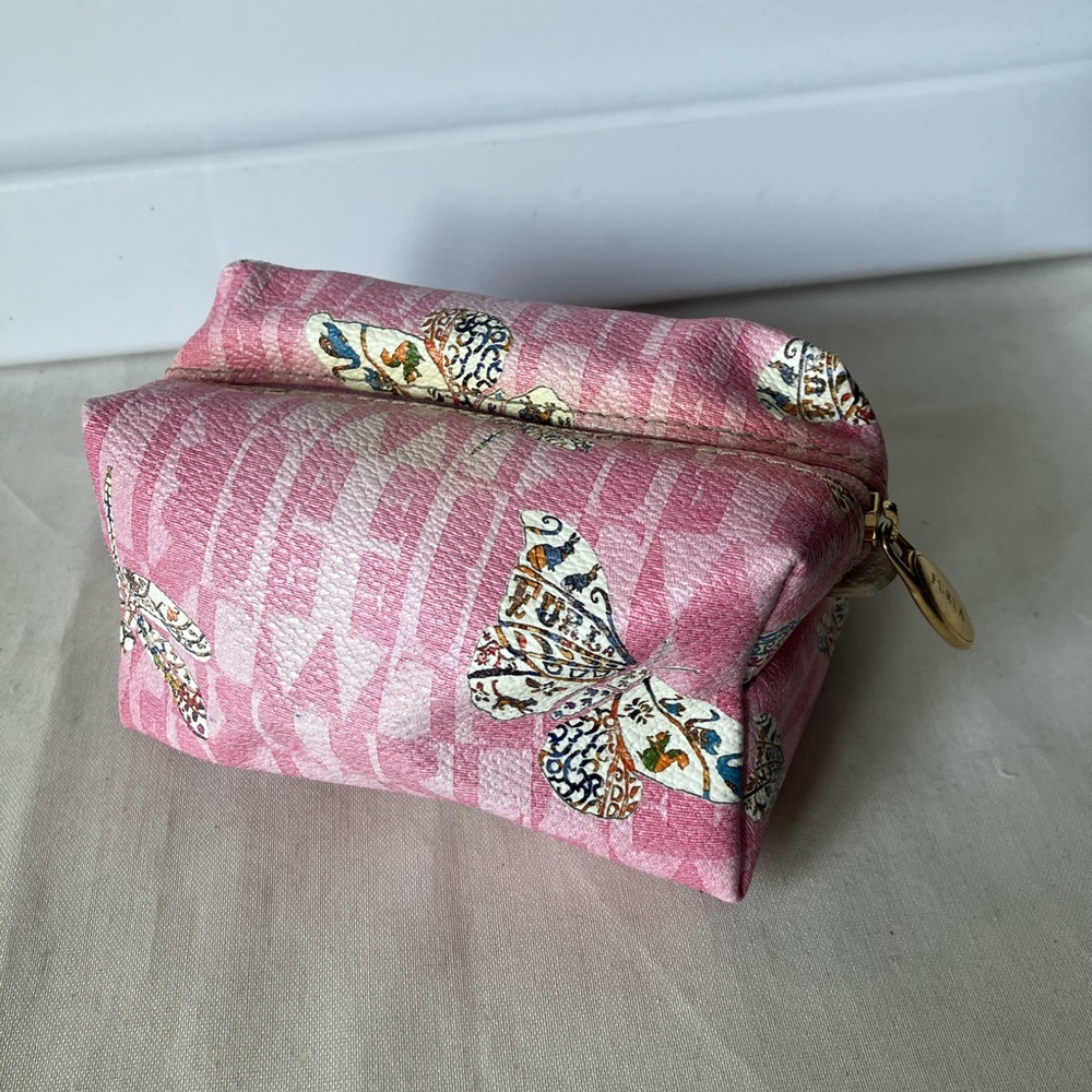 Furla Pink Butterfly Print Small Zip Top  Cosmetic Case Makeup Bag NWOT New.